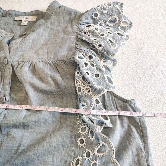 Joie Eyelet Ruffle Sleeve Top Women’s MEDIUM Blue Lace Cutout Blouse Boho Chic - Picture 6 of 8